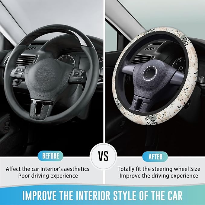Elastic Steering Wheel Cover Car Accessories Cute Universal 15 Inch Absorbing Sweat Non-Slip Breathable for Man Woman - Boho Leaves