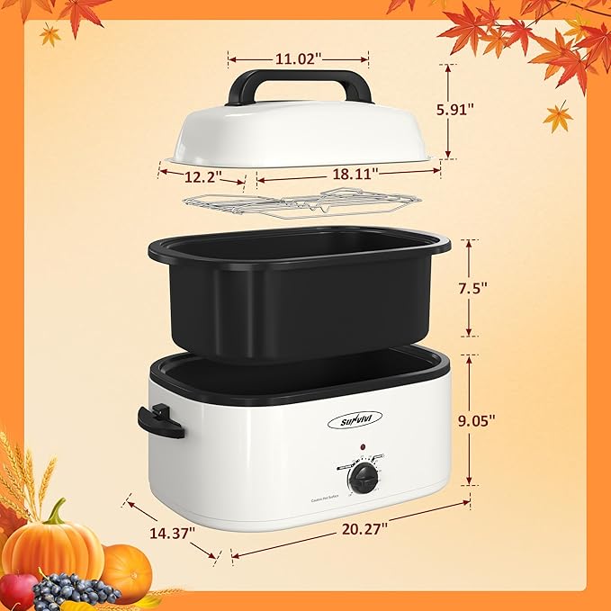 Sunvivi 26 Quart Roaster Oven, Electric Roaster Oven with Glass Lid, Turkey Roaster Buffet with Self-Basting Lid, Removable Pan, Cool-Touch Handles, White