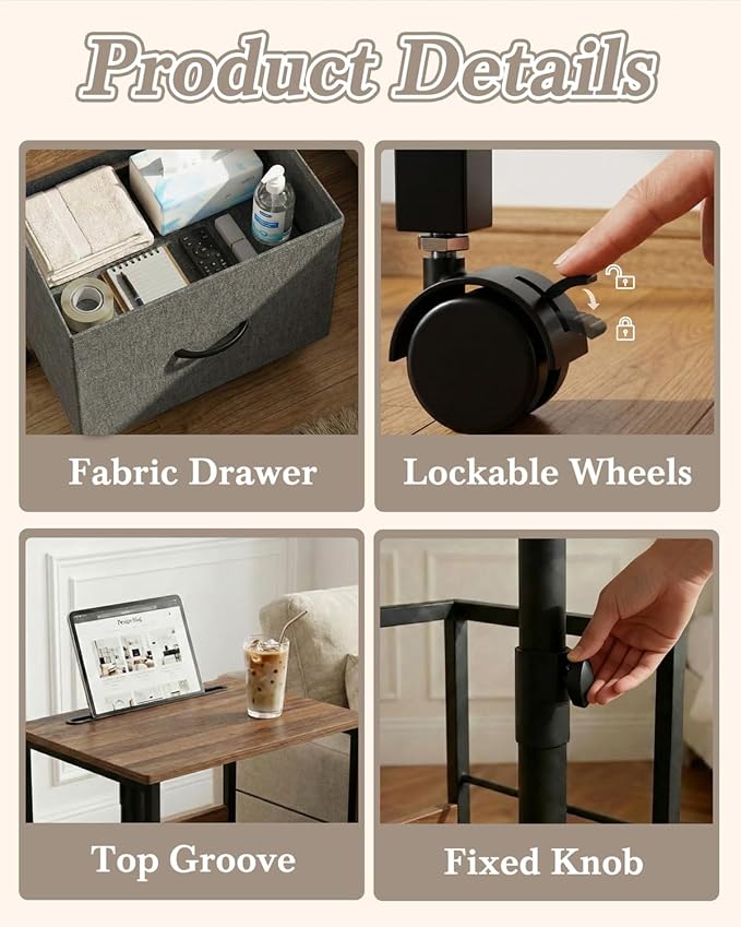 Faesun Swivel Lift Top Nightstand with Charging Station, Rolling Side Table for Recliner, Bedside Table with Wheels & a Fabric Drawer, for Small Spaces, for Bedroom, Living Room, Walnut Gray