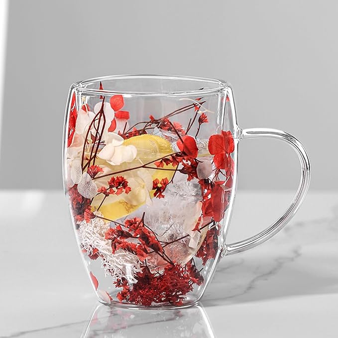 Flower Glass Double Wall Glass - 350ml Aesthetic Dried Flowers Double Wall Glass Coffee Mugs | Clear Glass Cups With Handle,Anti-Scalding Coffee Cups For Hot Beverages,Tea Or Coffee
