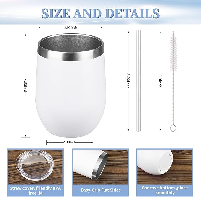 12oz/4 Pack Wine Tumbler with lid, Stainless Steel Travel Mugs Stemless Double Wall Insulated Coffee Cup, Insulated Wine Glasses Travel Tumbler for Cold & Hot Drinks(White,4)
