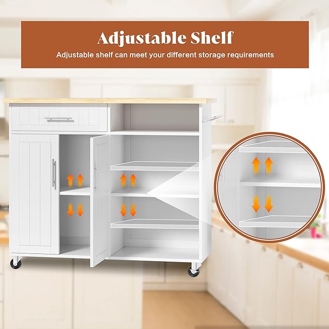 SUNLEI Kitchen Island on Wheels with Storage Cabinet & Drawer, 42" Multifunction Kitchen Cart Cabinet with Shelves, Cart Handle for Towel Rack or Free Mobility, Portable Islands for Kitchen(White)