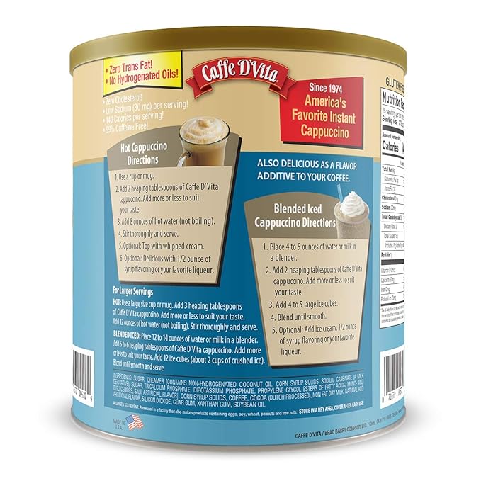 Caffe D'Vita French Vanilla Cappuccino Mix - Instant Vanilla Cappuccino Coffee Mix, Gluten Free, No Cholesterol, 99% Caffeine Free - 4 lb. Can