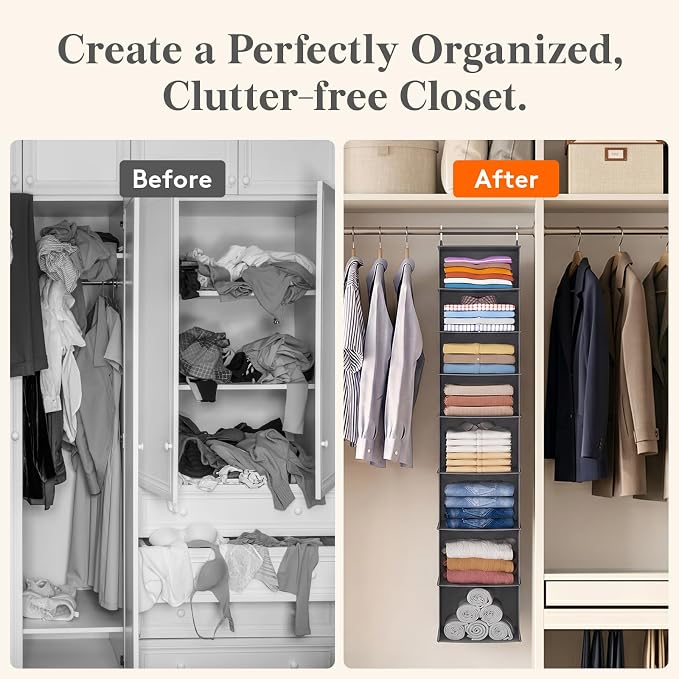 Lifewit 8 Tier Hanging Closet Organizer and Storage for Shelves, 1 Pack Foldable Clothes Shelf with 2 Sturdy Hooks, Sweater/Coat/Shoes Clothing Organization for Wardrobe, Dorm, Bedroom, Gray