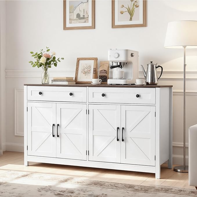 VEVOR Buffet Cabinet, Farmhouse Sideboard Cabinet with Drawer, Coffee Bar Cabinet with 4 Barn Door, Sideboard Buffet Station for Living Room, Entryway, Kitchen, 55.1 x 15.5 x 31.5 in, White