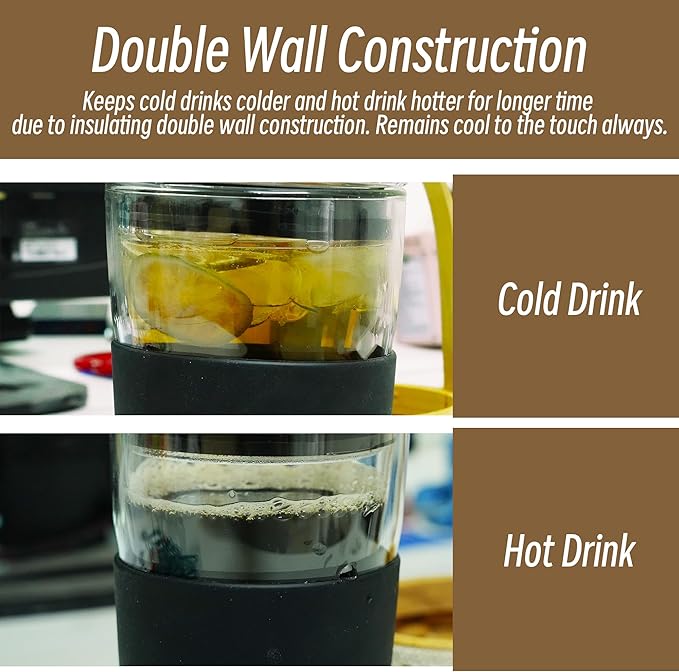 Double Wall Glass Tumbler 14 ounce All Glass Reusable Insulated Tea/Coffee Mug & Lid, Hand Blown Glass Travel Mug No Leaks, Silicone Grip for Easy Carry, Natural Taste