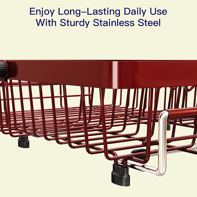 MAJALiS Red Dish Drying Rack Over The Sink with Utensil Holder, Mat | Expandable Stainless Steel Dish Drainer for Small Kitchen, Apartment, RV, Counter Space Saving, Perfect Fit, Rustproof