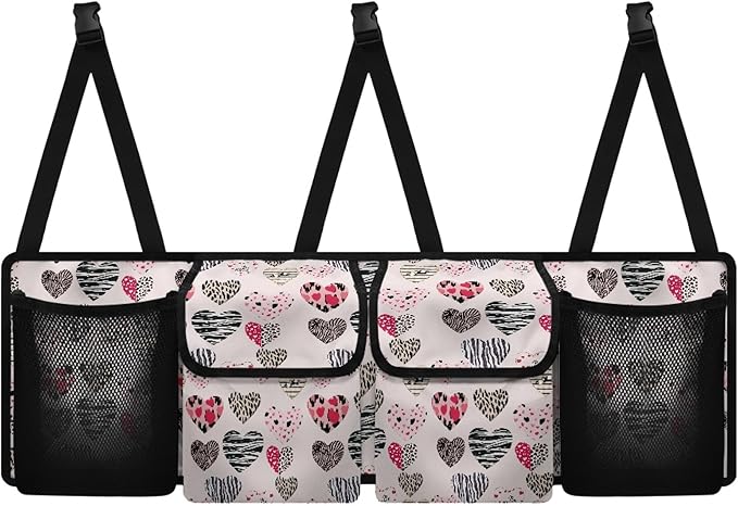 CLOHOMIN Heart Car Trunk Organizers and Storage Valentine's Day Backseat Car Organizer with Net Pink Car Storage Bag with 4 Pockets Car Accessories Gifts for Women