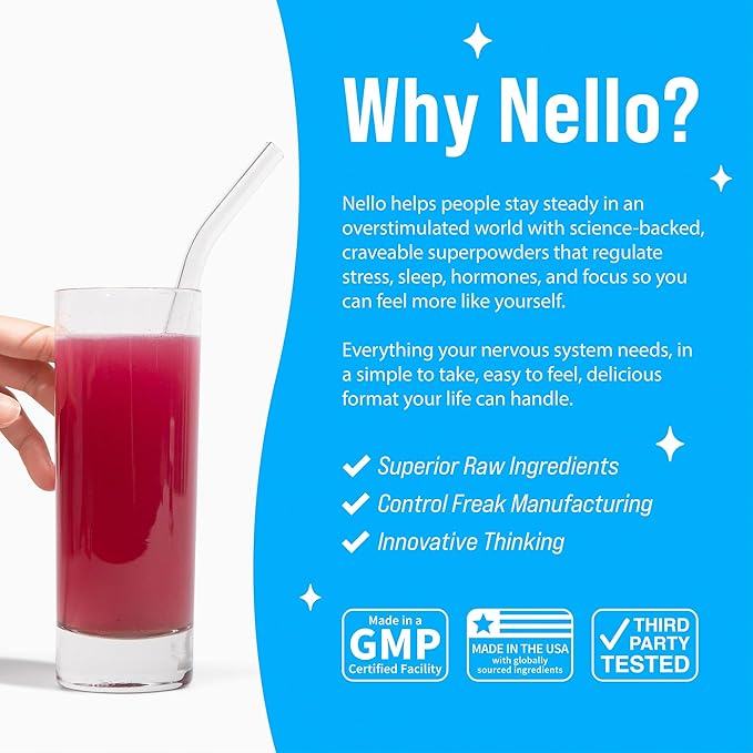 Nello Supercalm Powdered Drink Mix, Cortisol Reducer*, Sleep Aid Supplement, L Theanine, Ksm-66 Ashwagandha, Magnesium Glycinate, Vitamin D 3, No Sugar, Non GMO, 20 Ct, BlackBerry Lemonade