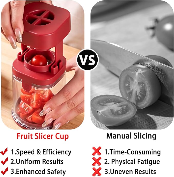 NOVANO Fruit Slicer Cup, Red | Small Fruit Cutter, For Strawberry, Cherry Tomato, Grape, Egg, Egg Slicer For Hard Boiled Eggs, Portable Kitchen Gadget