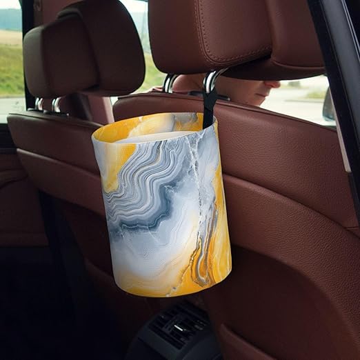 Lemon Yellow Marble Car Trash Can Garbage Cans Foldable,Cute Hanging Car Organizer and Storage Bag Leak Proof, Auto Back Seat Trash Bin Universal for Truck, SUV, Outdoor Travel