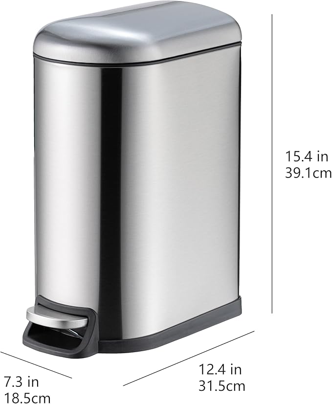 Amazon Basics D-Shaped Small Trash Can with Soft-Close Step Pedal, Removable Inner Bucket, Carrying Handle, Smudge Resistant, 10 l / 2.6 gallon, Silver