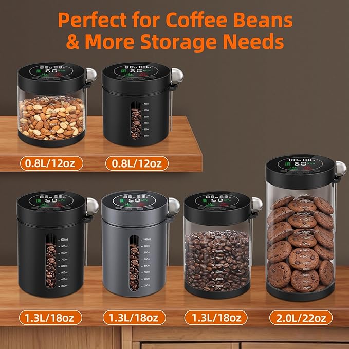Electric Vacuum Coffee Canister, 0.8L Glass Airtight Food Storage Containers with Smart Pressure Sensor, Automatic Coffee Bean Container Rechargeable with LED Display Window for Kitchen Food Storage