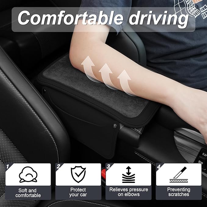 SINGARO Car Leather Furry Center Console Cover with 2 Storage Bags, Universal Fluffy Car Armrest Seat Box Pad, Comfortable Car Interior Accessories, Fits for Most Vehicles (Black)