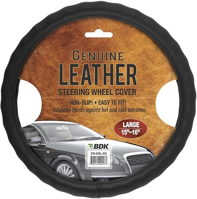 BDK SW-899-LK Black Leather Car Steering Wheel Cover Large Size 15.5 to 16 inch, Easy Installation