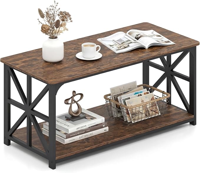 Giantex Farmhouse Coffee Table, 43" Center Table with Storage & X-Shaped Frames, 2-Tier Modern Accent Cocktail Tea Table, Rectangular Wooden Living Room Tables for Small Spaces, Rustic Brown