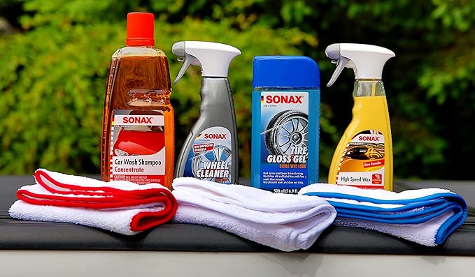 SONAX Premium Exterior Car Wash Kit | 5-Piece Complete Car Care Set | Car Wash Shampoo, High Speed Wax, Wheel Cleaner, Tire Gloss Gel & 3-Pack Microfiber Cloths | Professional Car Detailing Kit