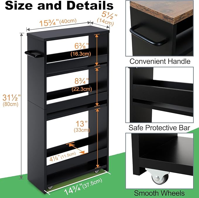 MARTY Slim Rolling Storage Cart 4-Tier Kitchen Cart with Wheels, Laundry Room Storage with Handle Slide Out Utility Cart Shelving Unit Organizer Trolley for Narrow Places Bathroom Small Corner, Black