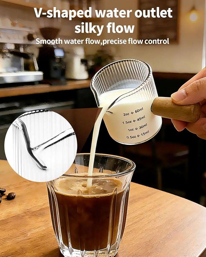 Espresso Measuring Cup 2 OZ, Espresso Glass Cups with Wood Handle, Milk Frothing Cup, Espresso Cup for Coffee, Milk, Tea or Maple Syrup Serving (Transparent, 2 oz)