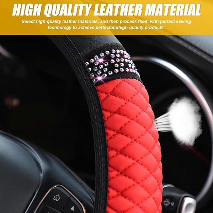 Bling Car Steering Wheel Cover, 15 Inch Crystal Rhinestone Elastic Stretch Leather Steering Wheel Protector, Vehicle Decor Accessories for Women Girls, Universal for RV, SUV, Truck (Red)