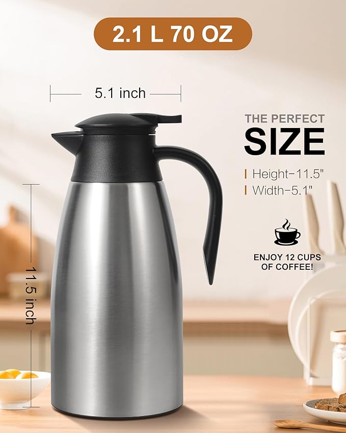 70 OZ Thermal Coffee Carafe,Updated Insulated Stainless Steel Coffee Carafes for Keeping Hot Coffee & Tea Hot Beverage-12Hours, Double Walled Vacuum Coffee Carafe (silver)