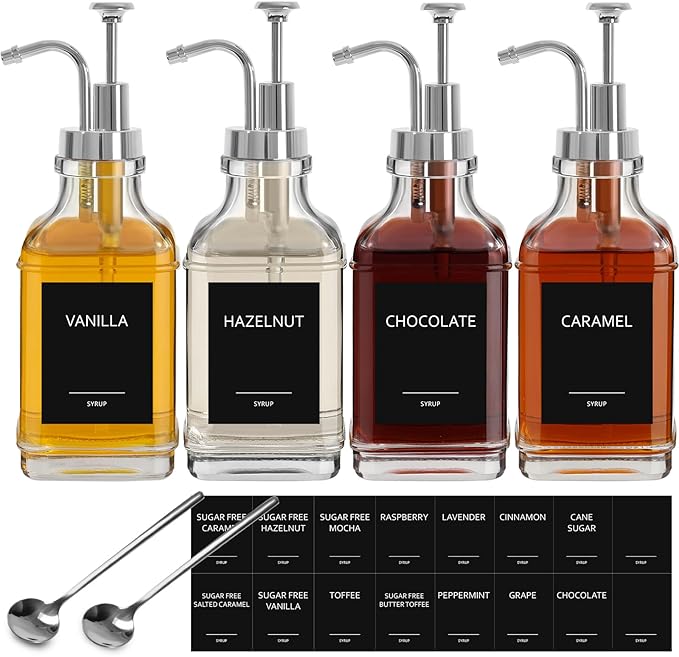 Coffee Syrup Dispenser, Coffee Bar Accessories 16.9 fl oz/500ml, Glass Syrup Dispenser with Silver Pump Dispenser, Labels, Spoons for Coffee Bar, 4 Pack