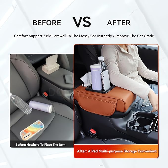 Multifunctional PU Leather Car Armrest Box Mat, 5-in-1 Multifunctional Car Armrest Cushion, Center Console Cover with 2 Cup Holder, For Storing Tissues, Phones, Wallets, Drinks, for Most Cars (Beige)