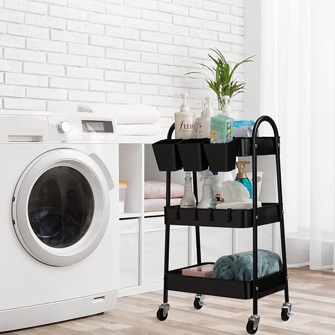 danpinera 3-Tier Rolling Cart, Utility Cart Mobile Metal Rolling Storage Cart with Lockable Wheels & Hanging Cups & Hooks for Kitchen, Bathroom, Office, Workshop, Black