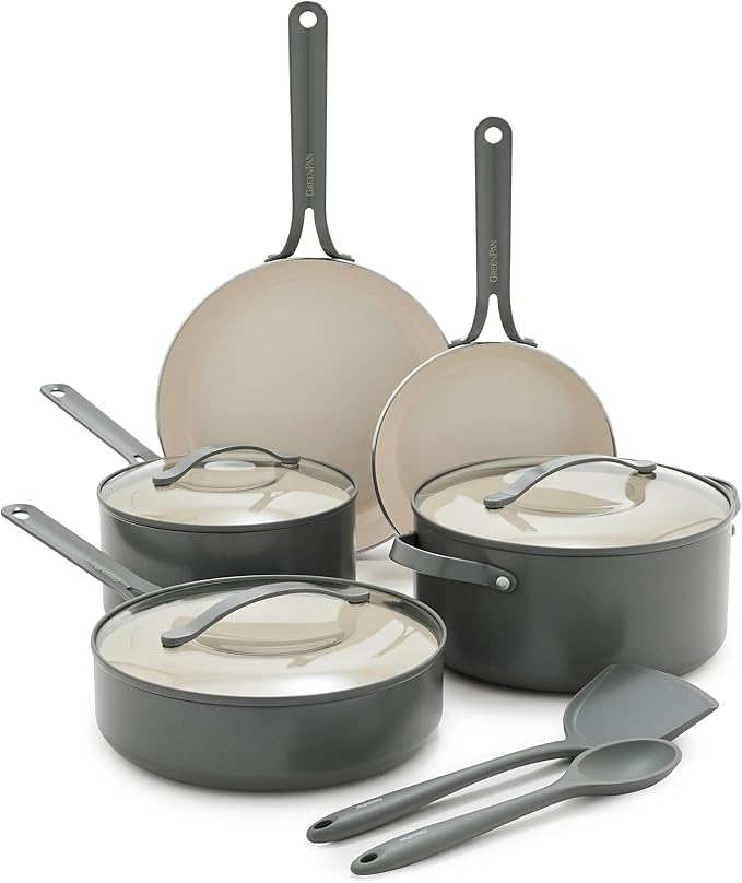 GreenPan Nova 10-Piece Nonstick Cookware Set, PFAS-Free Ceramic Pots & Pans with Silicone Cooking Utensils, Durable Fast Heating, Induction Ready, Oven Safe to 600°F, Dishwasher Safe, Slate Gray