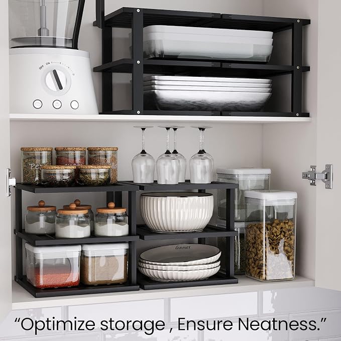 4 Pack Bamboo Corner Shelf,3 Tier Kitchen Cabinet Organizer for Plates and Dishes,Pantry Storage and Spice Rack（Black）