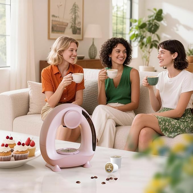 3 in 1 Single Serve Coffee Maker for K Cup Pink, Ground and Tea Leaves, Mini K Cup Coffee Brewer with One Button Operation, 1400W 20s Fast Heating,Compact for Small Spaces-Glass not included