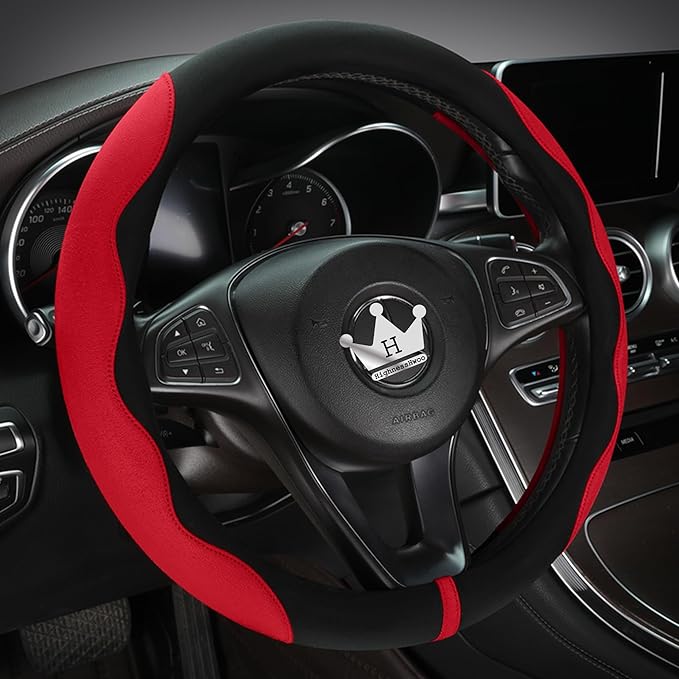Luxury Suede Steering Wheel Cover for Cars, Soft Leather Padded Wheels Cover for F150, Trucks, Jeep, Van, Auto Thin Large Car Handle Cover, Universal Fit, Anti Slip, 15.2-16in, Red