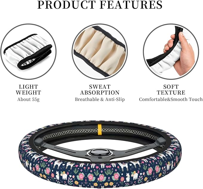 Alpaca-Llama Flower Universal Fit Steering Wheel Cover for Car, Truck, and SUV, Durable Steering Wheel Protection