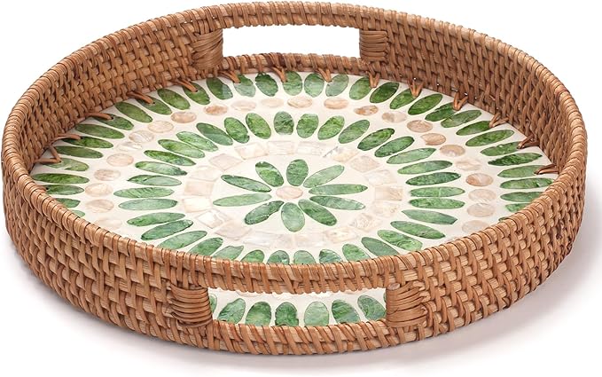 YANGQIHOME Round Serving Tray With Decorative Mother of Pearl Inlay, Rattan Wicker for Home Decor, Table Decor, Gifts, Dining, Woven for Food, Fruit, Coffee, 11.8 Inch