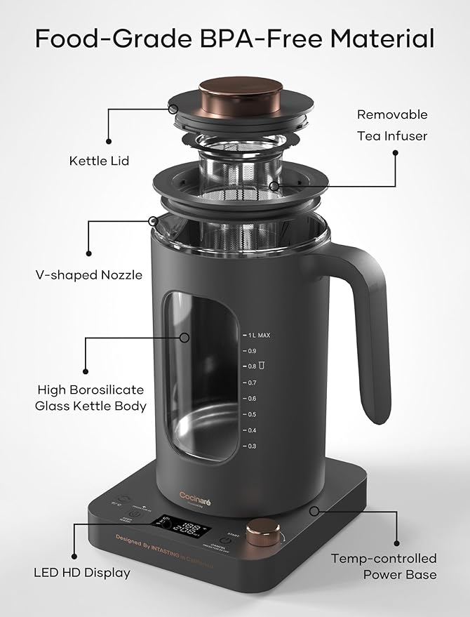 Electric Tea Kettle, Electric Kettle with Tea Infuser, ±1℉ Knob Temperature Control, BPA-Free Glass, 1200W Fast Heating, Easy to Clean, 1 Liter (Dark Gray)