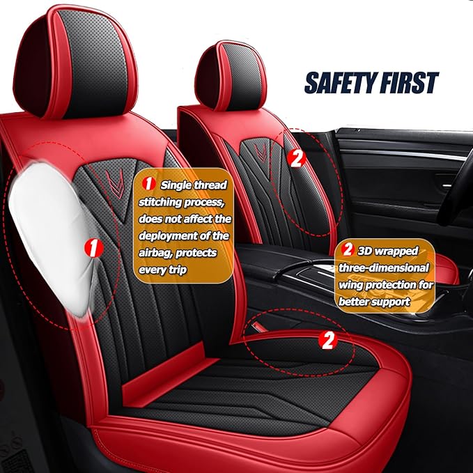 Car Seat Covers Full Set 3D Foam Back Support, 5 Seats Universal Fit for Most Cars, Nappa Leather Car Seat Cushion Super Breathable, Storage Bags, All Season, Black Red Car Seat Cover