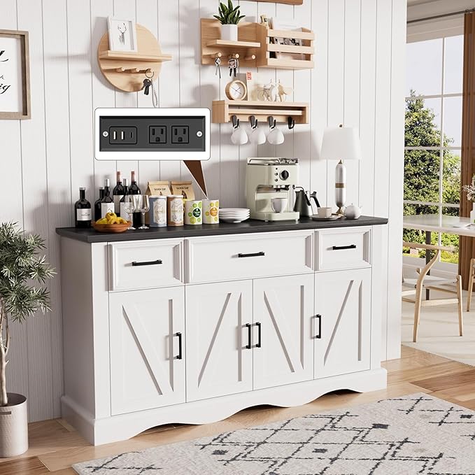 56" Modern Farmhouse Sideboard Buffet Cabinet with 4 Doors and 3 Drawers, Coffee Bar with Charging Station & Adjustable Shelves, Large Kitchen Storage for Hallway, Entryway, Living Room, White
