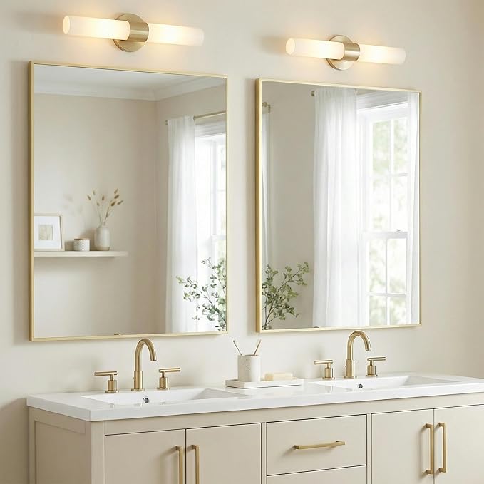 30"x36" Gold Bathroom Mirror for Wall, Metal Framed Vanity Mirror, Large Rectangular Mirror Over Sink, Mid-Century Modern Decor, Flush Mount