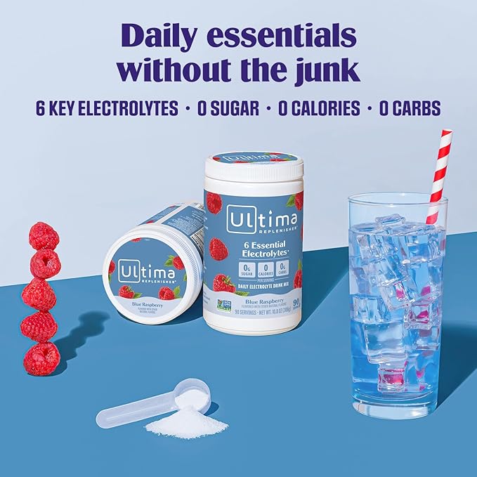 Ultima Replenisher Daily Electrolyte Powder Drink Mix – Sugar Free – Blue Raspberry, 90 Servings – Hydration Powder with 6 Electrolytes and Minerals – Keto Friendly, Vegan, Non-GMO