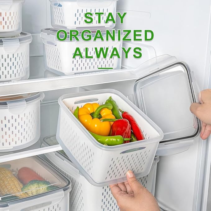 4 PCS Fruit Storage Containers for Fridge, Leakproof Produce Containers for Fridge with Removable Colander, Microwave/Dishwasher Safe Fruit Washing Bowl Keep Fruits, Vegetables, Berry Fresh longer