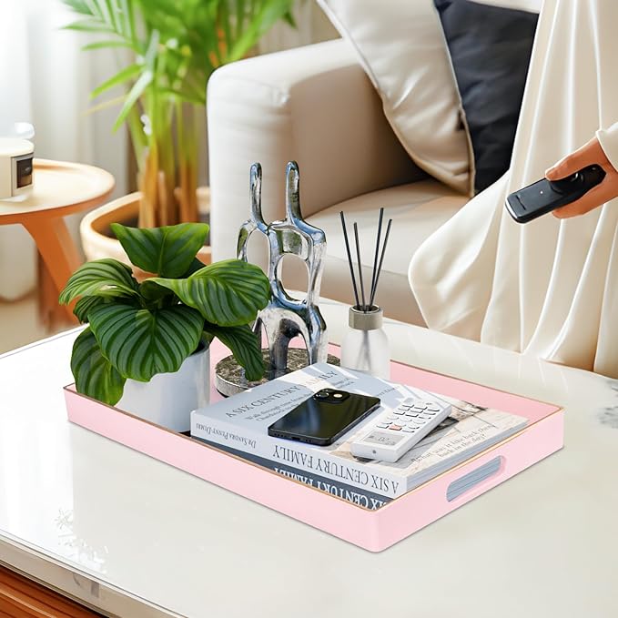 MAONAME Pink Serving Tray with Handles, Modern Decorative Tray for Coffee Table, Plastic Rectangular Trays for Ottoman, Bathroom, Decor, 15.8” x 10.2” x 1.4"