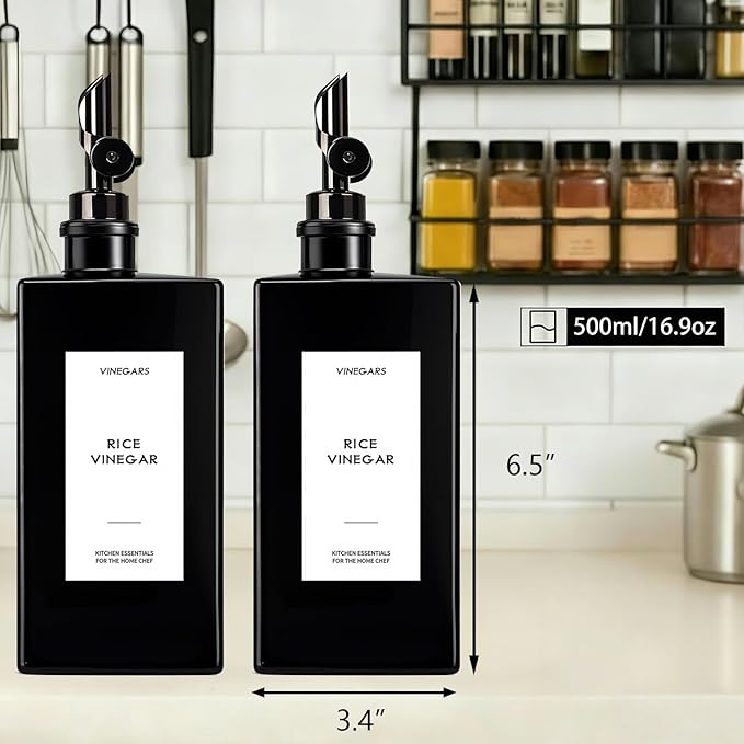 2PCS 16.9oz Olive Oil Dispenser Bottle For Kitchen, Soy Sauce Dispenser, Dark Glass Bottles for Oil and Vinegar Dispenser Set W.2 Replacement Spouts & Labels, Coffee Syrup Dispenser (Black)