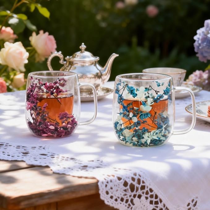 Real Flower Glass Tea Cup, Double Wall Borosilicate Coffee Mug with Preserved Flowers, Clear Aesthetic Floral Glassware, Romantic Gift for Women, Mom, Girlfriend, Mother’s Day & Women’s Day