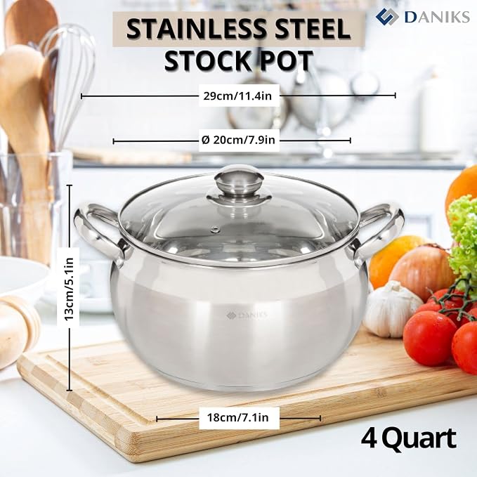 Daniks Classic 4 Quart Stainless Steel Stock Pot with Glass Lid, Tri-Ply Bottom for Even Heating, Induction Compatible, Dishwasher Safe