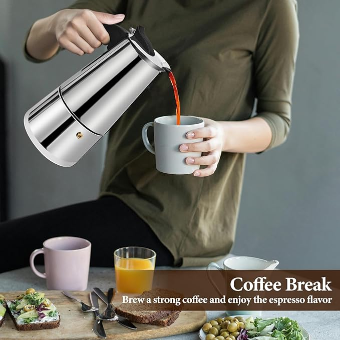 6 Cup Moka Pot Percolator Italian Coffee Maker 300ml Stovetop Espresso Mocha Stainless Steel Greca Coffee Maker Classic Cafe Makers Suitable for Induction Cookers Ceramic Stoves Straight