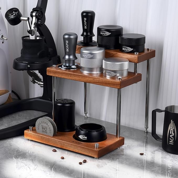 IKAPE Espresso Coffee Tamper Station, Three-Ply Wooden Espresso Tamp Holder Base, Coffee Tamp Mat Stand Fit for 51, 54, 58MM Tamper, Distributor & Puck Screen Accessories(Sandywood)