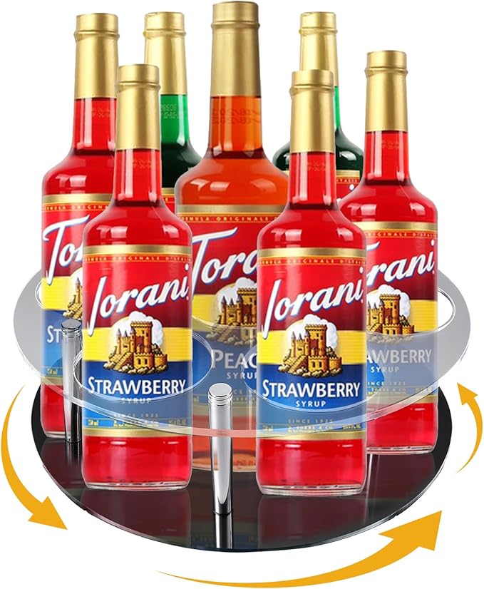 Large Rotating Coffee Syrup Organizer 7 Bottles Syrup Rack for Countertop, Acrylic Syrup Bottle Holder Stand for Coffee Bar Station, Turntable Wine Display Tray