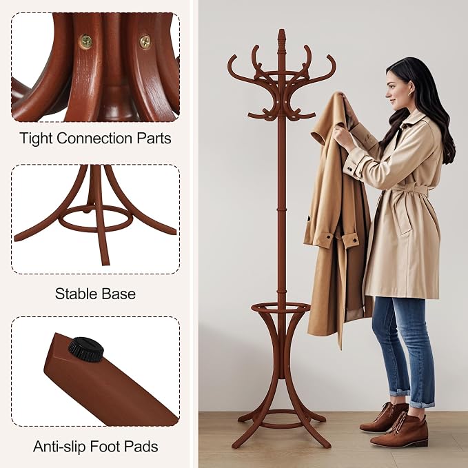 Giantex Solid Wood Coat Rack, Freestanding Hanger Stand w/12 Hooks, Umbrella Holder, Entryway Hall Tree for Coat, Hats, Scarves, Bags, Wooden Garment Rack for Bedroom, Hallway (Reddish Brown)