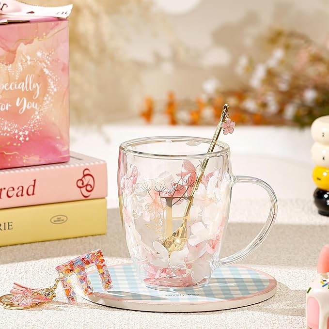 Personalized Gift for Women Double Wall Glass Flower Coffee Mug Tea cup Monogrammed Customized Birthday Valentine Mother's Day Christmas Gifts for Women Mom Wife Friends Sister Stocking Stuffers (E)