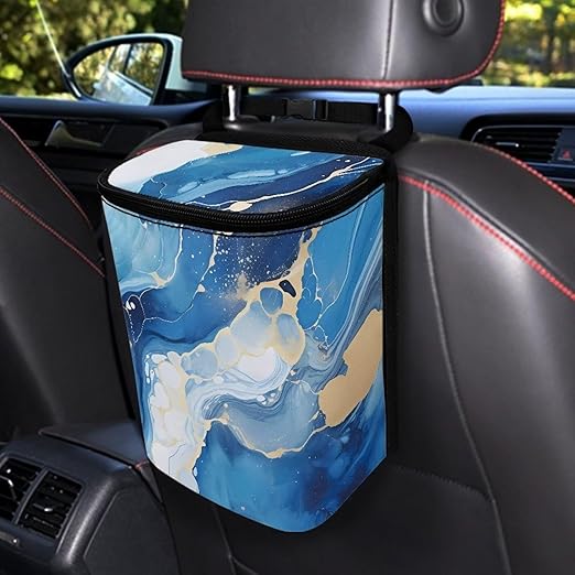 Blue Marble Auto Garbage Can with Lid,Portable Leak Proof Car Trash Can Bag Hanging for Back Seats，Console，Durable and Lightweight Vehicle Rubbish Storage Pocket